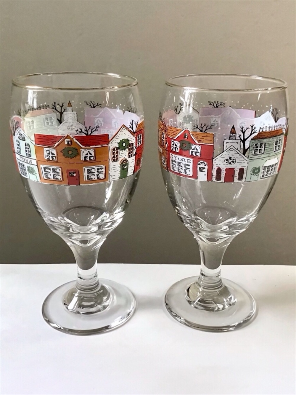 Vintage Libbey Christmas Village Glass Goblets Winter Holiday Town Main Street